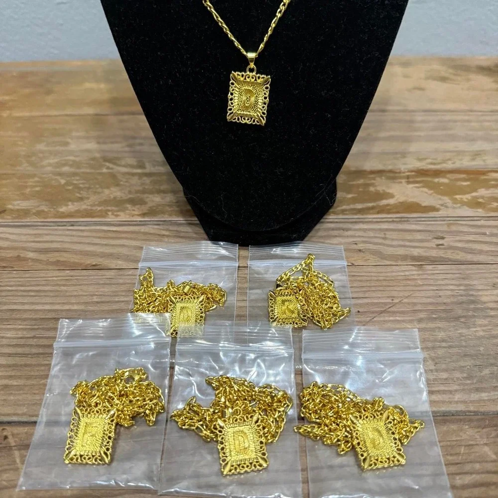 Lot of 6 Gold Plated Square Initial Pendant Necklaces Hip Hop D F R Rare